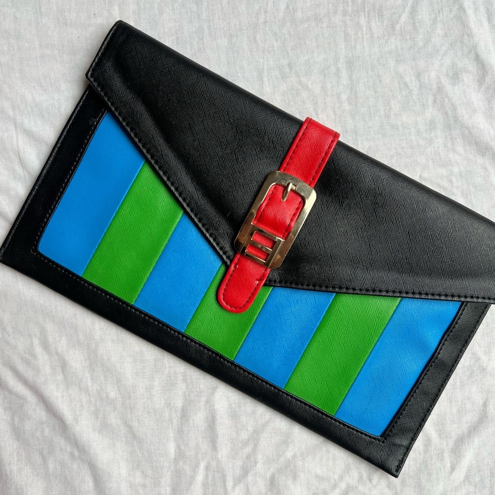 Women’s Blue, Green, Black, and Red Party Clutch with gold Detail